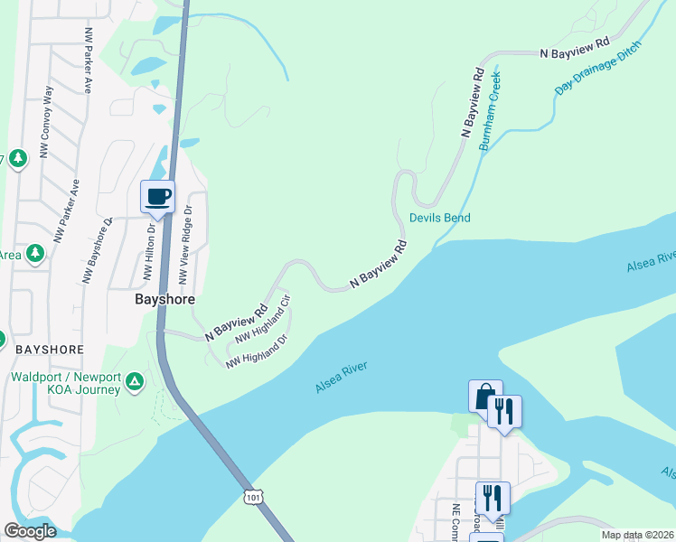 map of restaurants, bars, coffee shops, grocery stores, and more near 588-788 North Bayview Road in Waldport