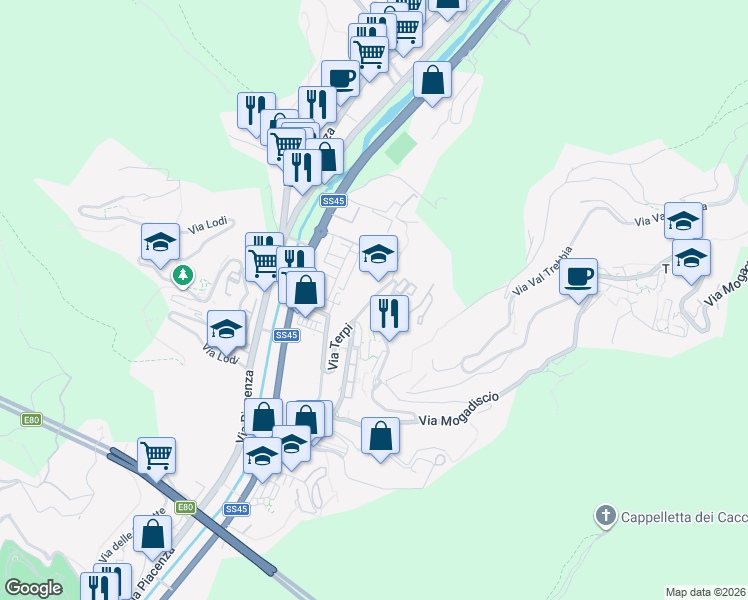 map of restaurants, bars, coffee shops, grocery stores, and more near 22 Via Terpi in Genoa