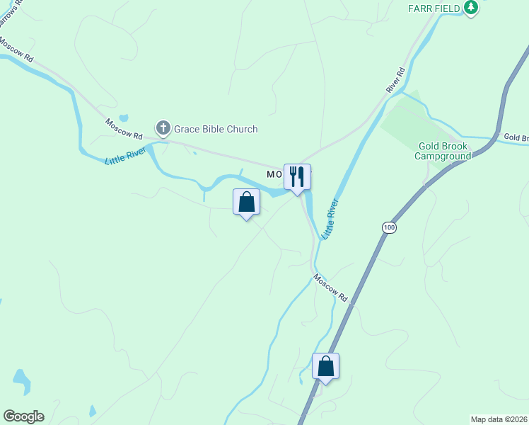 map of restaurants, bars, coffee shops, grocery stores, and more near 67 Smith Falls Lane in Stowe