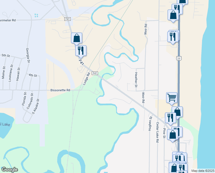 map of restaurants, bars, coffee shops, grocery stores, and more near 4452 County Highway F41 in Oscoda