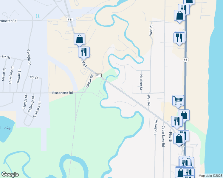 map of restaurants, bars, coffee shops, grocery stores, and more near 4452 County Highway F41 in Oscoda