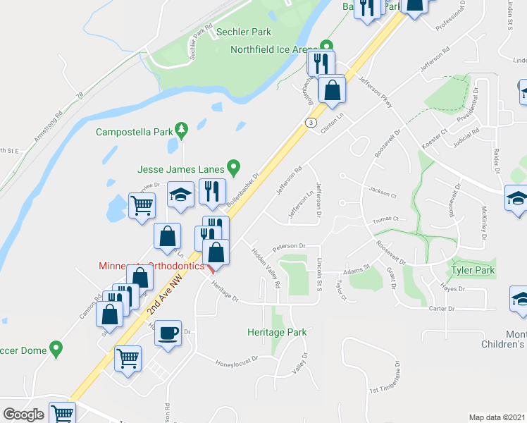 map of restaurants, bars, coffee shops, grocery stores, and more near 99 Jefferson Drive in Northfield