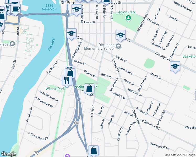 map of restaurants, bars, coffee shops, grocery stores, and more near 905 South Erie Street in De Pere