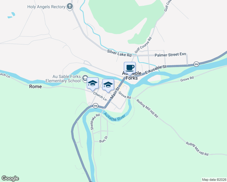 map of restaurants, bars, coffee shops, grocery stores, and more near 38 Forge Street in Au Sable Forks