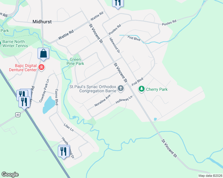 map of restaurants, bars, coffee shops, grocery stores, and more near 12 Noraline Avenue in Midhurst