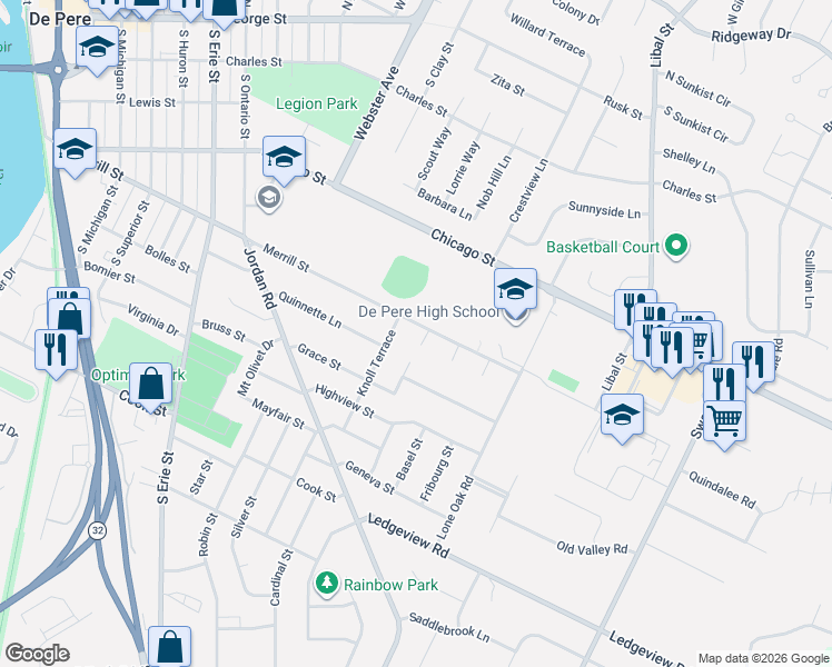 map of restaurants, bars, coffee shops, grocery stores, and more near 1702 Merrill Street in De Pere