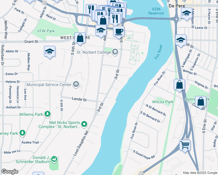 map of restaurants, bars, coffee shops, grocery stores, and more near 803 4th Street in De Pere