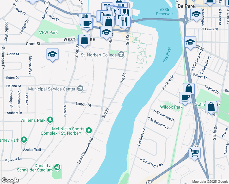 map of restaurants, bars, coffee shops, grocery stores, and more near 803 4th Street in De Pere