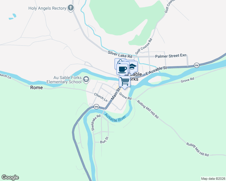 map of restaurants, bars, coffee shops, grocery stores, and more near 38 Forge St in Au Sable Forks