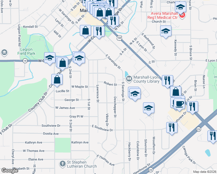 map of restaurants, bars, coffee shops, grocery stores, and more near 401 Viking Drive in Marshall