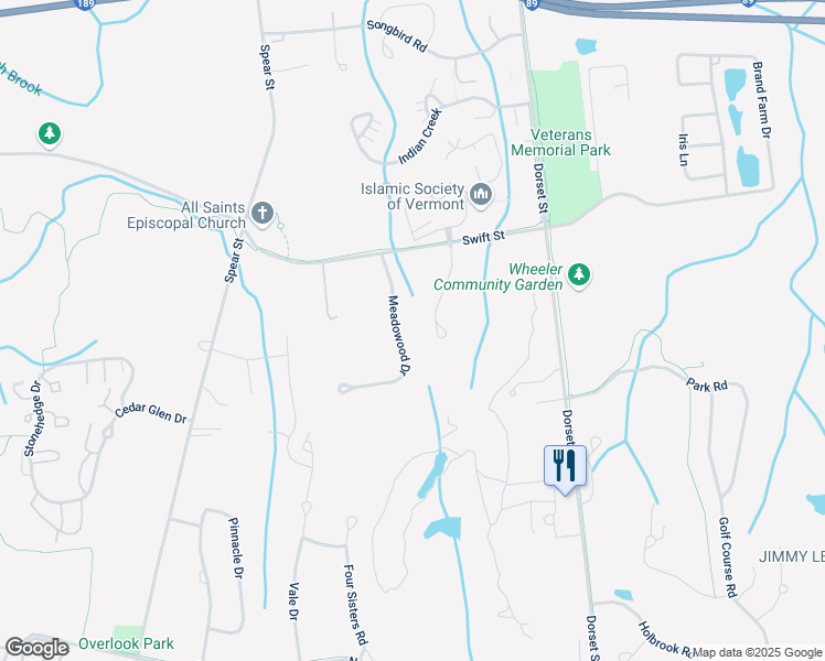 map of restaurants, bars, coffee shops, grocery stores, and more near 207 Meadowood Drive in South Burlington