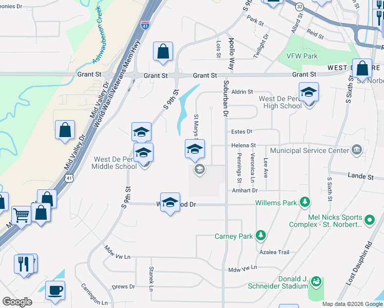 map of restaurants, bars, coffee shops, grocery stores, and more near 936 Saint Mary Street in De Pere