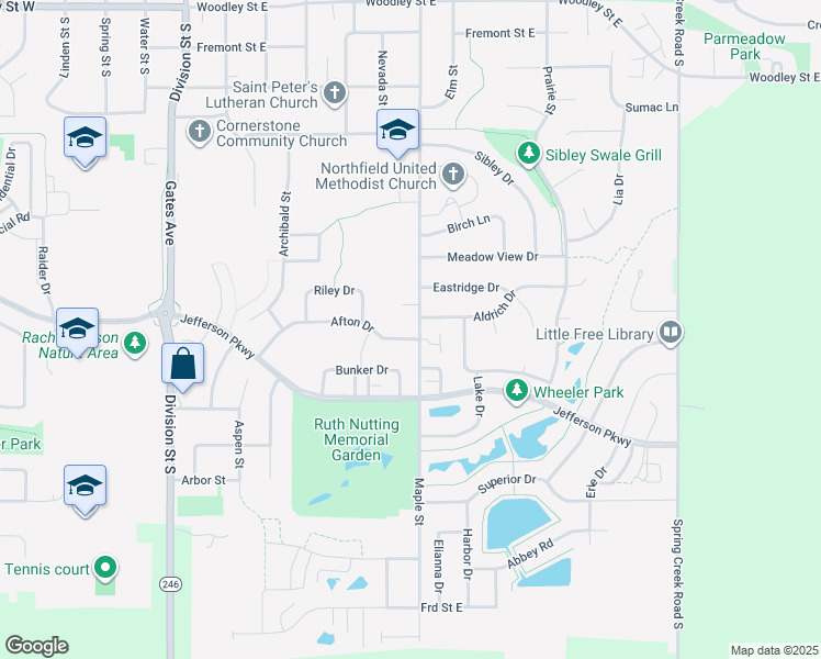 map of restaurants, bars, coffee shops, grocery stores, and more near 609 Afton Drive in Northfield