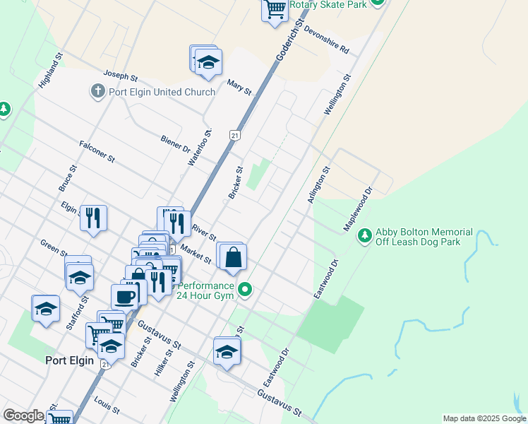 map of restaurants, bars, coffee shops, grocery stores, and more near 696 Christopher Drive in Port Elgin