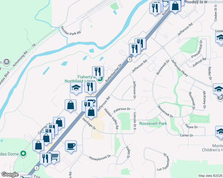map of restaurants, bars, coffee shops, grocery stores, and more near 1808 Jefferson Road in Northfield