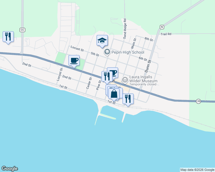 map of restaurants, bars, coffee shops, grocery stores, and more near 206 Lake Street in Pepin