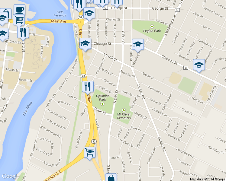 map of restaurants, bars, coffee shops, grocery stores, and more near 827 Virginia Drive in De Pere