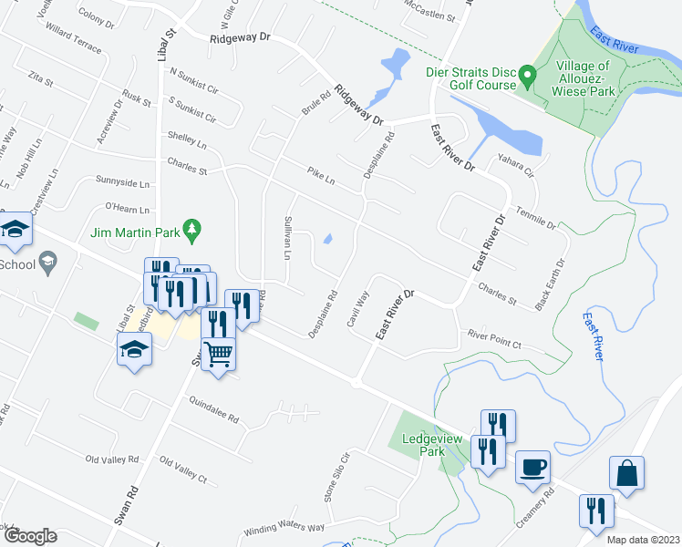 map of restaurants, bars, coffee shops, grocery stores, and more near 198 Desplaine Road in De Pere