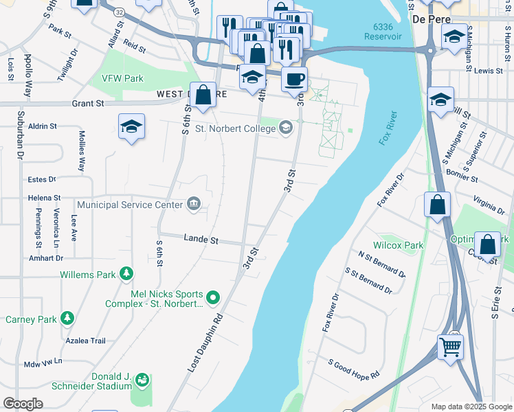 map of restaurants, bars, coffee shops, grocery stores, and more near 803 4th St in De Pere