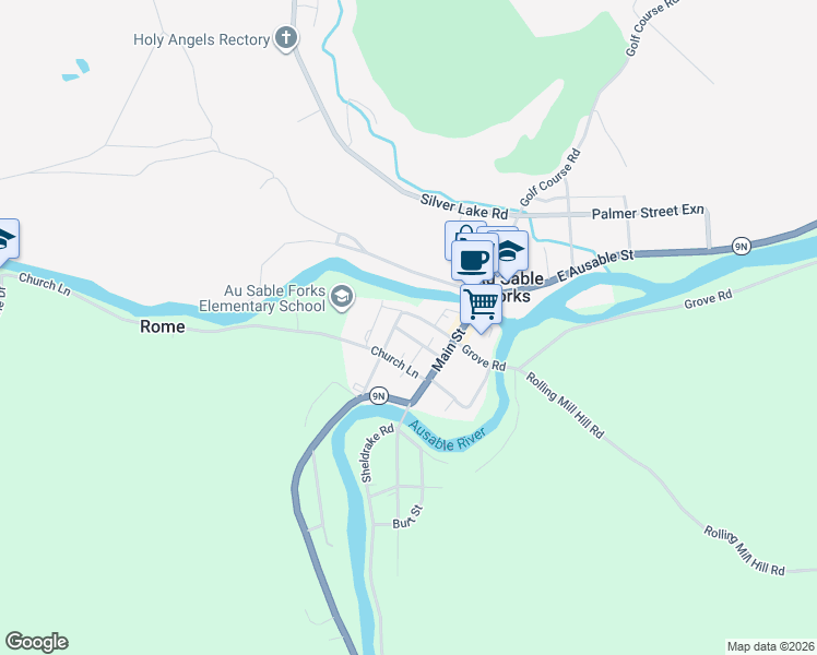 map of restaurants, bars, coffee shops, grocery stores, and more near 5 Pleasant St in Au Sable Forks