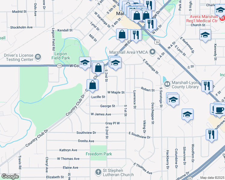map of restaurants, bars, coffee shops, grocery stores, and more near 114 West Maple Street in Marshall