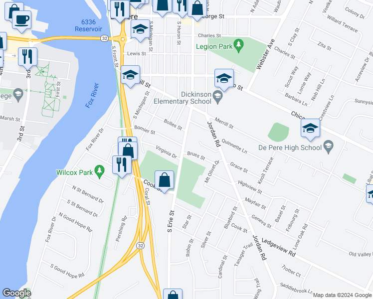 map of restaurants, bars, coffee shops, grocery stores, and more near 1115 Bruss Street in De Pere