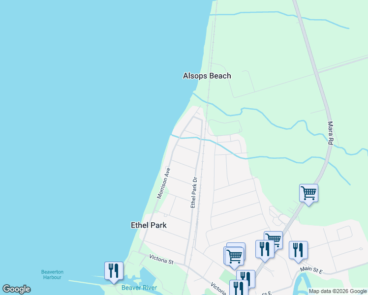 map of restaurants, bars, coffee shops, grocery stores, and more near Third Street in Regional Municipality of Durham
