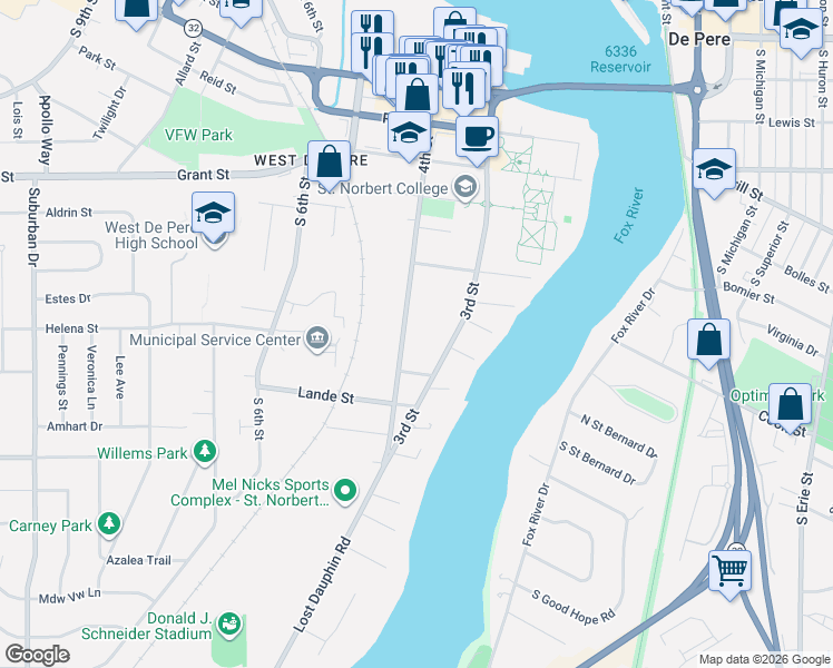 map of restaurants, bars, coffee shops, grocery stores, and more near 803 4th Street in De Pere