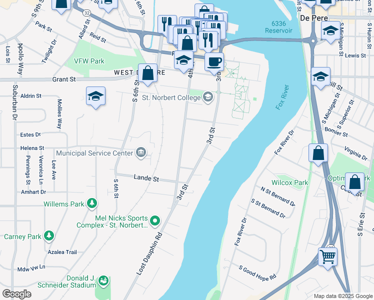 map of restaurants, bars, coffee shops, grocery stores, and more near 803 4th Street in De Pere