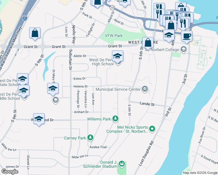 map of restaurants, bars, coffee shops, grocery stores, and more near 731 Helena Street in De Pere