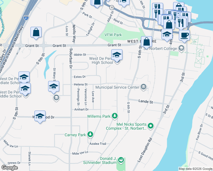 map of restaurants, bars, coffee shops, grocery stores, and more near 731 Helena Street in De Pere