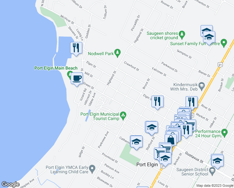 map of restaurants, bars, coffee shops, grocery stores, and more near 332 Mill Street in Port Elgin