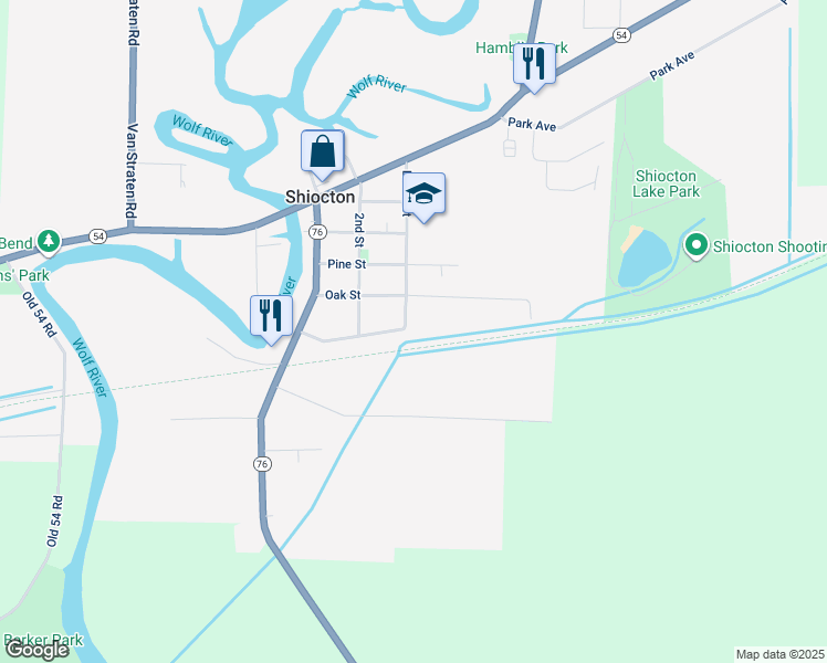 map of restaurants, bars, coffee shops, grocery stores, and more near N5576 Broad Street in Shiocton