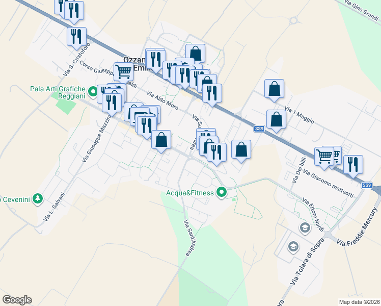 map of restaurants, bars, coffee shops, grocery stores, and more near Via Sant'Andrea in Ozzano dell'Emilia