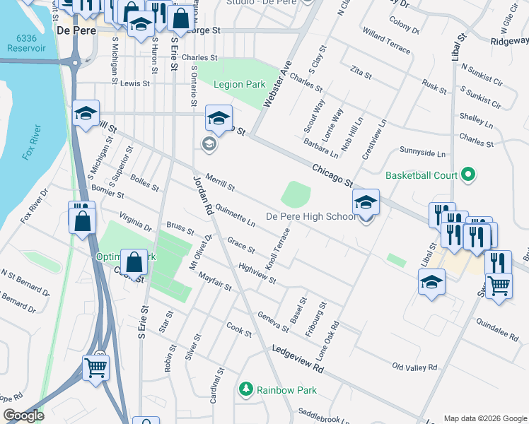 map of restaurants, bars, coffee shops, grocery stores, and more near 1609 Quinnette Lane in De Pere