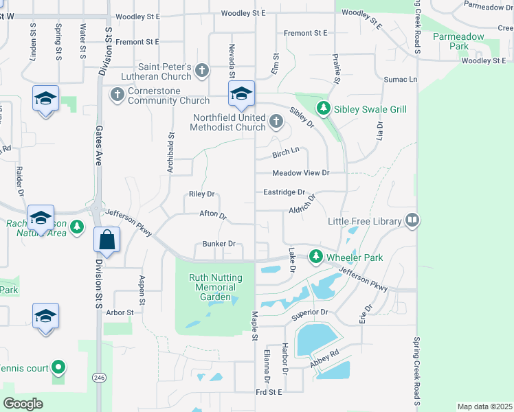 map of restaurants, bars, coffee shops, grocery stores, and more near 609 Afton Drive in Northfield