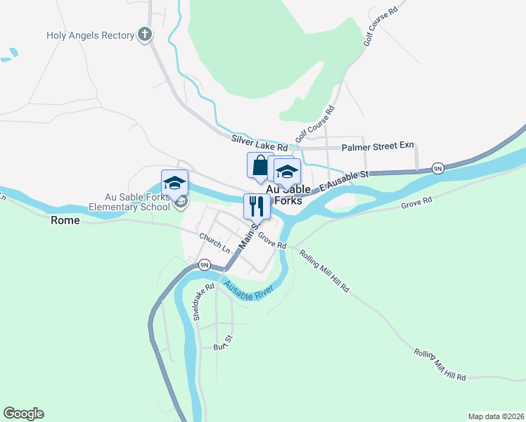 map of restaurants, bars, coffee shops, grocery stores, and more near 14235 State Highway 9N in Au Sable Forks
