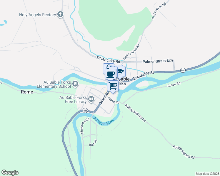 map of restaurants, bars, coffee shops, grocery stores, and more near 14235 State Highway 9N in Au Sable Forks