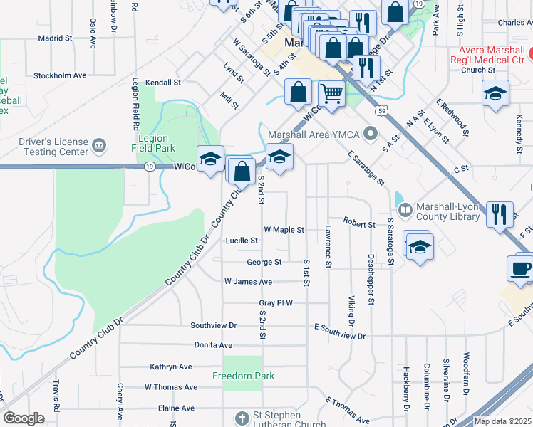 map of restaurants, bars, coffee shops, grocery stores, and more near 114 West Maple Street in Marshall