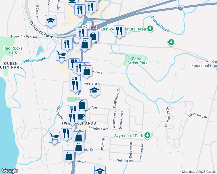 map of restaurants, bars, coffee shops, grocery stores, and more near 37 Laurel Hill Drive in South Burlington