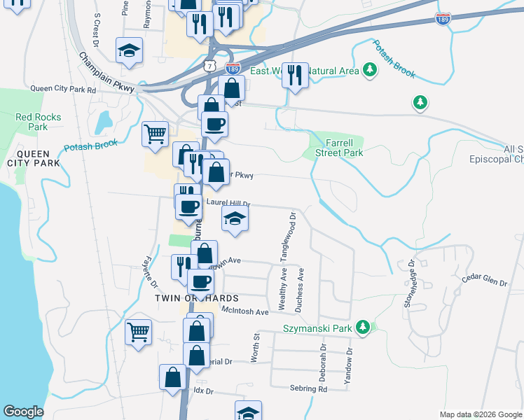 map of restaurants, bars, coffee shops, grocery stores, and more near 37 Laurel Hill Drive in South Burlington