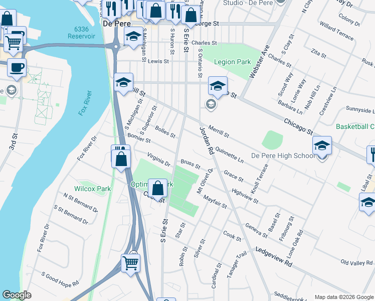 map of restaurants, bars, coffee shops, grocery stores, and more near 1115 Bruss Street in De Pere