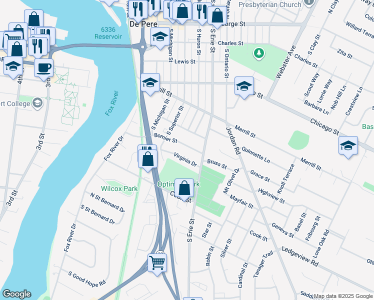 map of restaurants, bars, coffee shops, grocery stores, and more near 827 Virginia Drive in De Pere