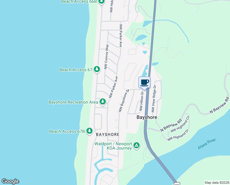 map of restaurants, bars, coffee shops, grocery stores, and more near 2105 Northwest Parker Avenue in Waldport