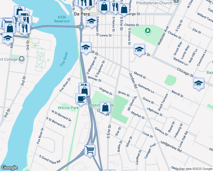 map of restaurants, bars, coffee shops, grocery stores, and more near 827 Virginia Drive in De Pere