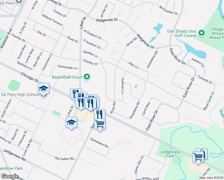 map of restaurants, bars, coffee shops, grocery stores, and more near 185 Shelley Lane in De Pere