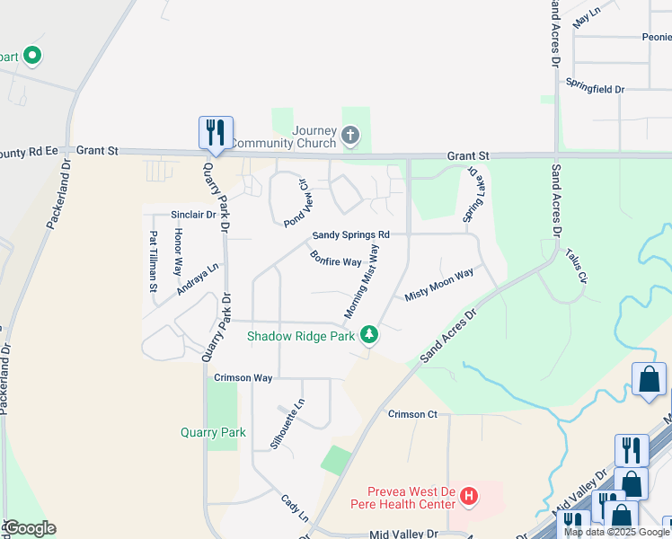 map of restaurants, bars, coffee shops, grocery stores, and more near 1950 Bonfire Way in De Pere