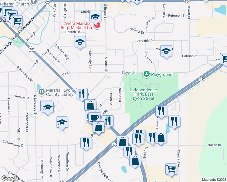 map of restaurants, bars, coffee shops, grocery stores, and more near 205 F Street in Marshall