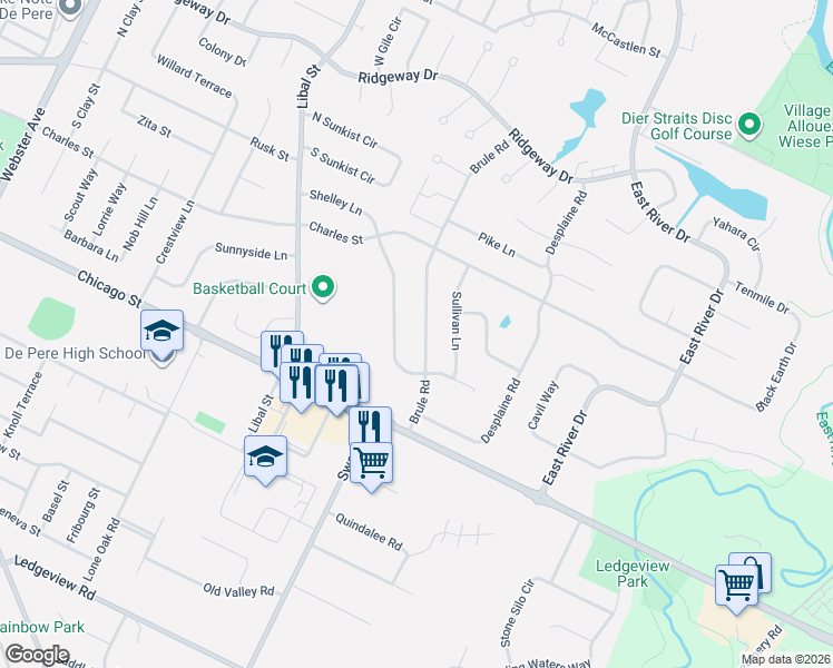 map of restaurants, bars, coffee shops, grocery stores, and more near 185 Shelley Lane in De Pere