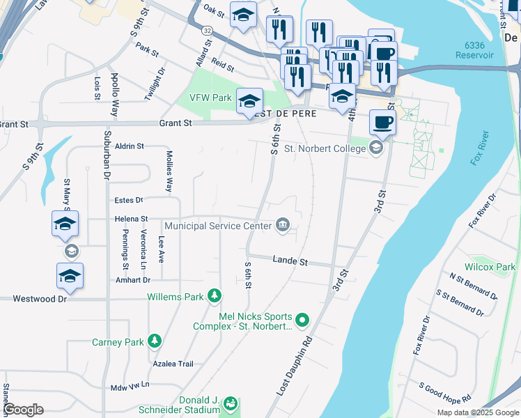 map of restaurants, bars, coffee shops, grocery stores, and more near 815 South 6th Street in De Pere